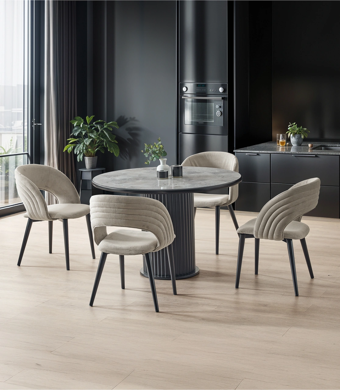 Dengema İstanbul 88 Yuvarlak Masa Takımı Gri Mermer Siyah Ayak, 4 Kapuçino Sandalyeli, Ø120 Cm Gri Mermer - Siyah Ayak