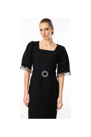 Moda İlgi Kadın Kolları Şerit Boncuk Aksesuarlı Elbise 0001 Siyah Siyah