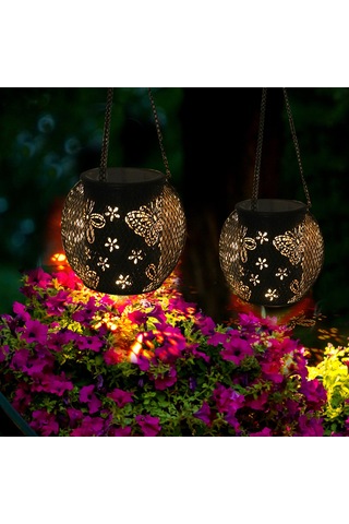 Qingmipy Güneş Enerjili Bahçe Dekorasyonu: Çiçek Ve Kelebek Desenli Su Geçirmez Asılı Fener, Yol Ve Patikalar İçin İdeal Siyah