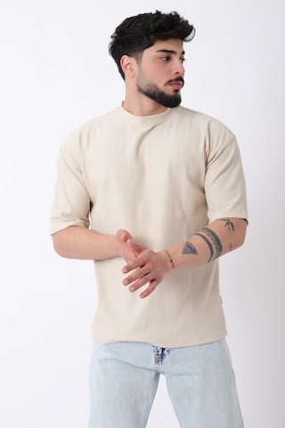 Çizgili Oversize Bisiklet Yaka Tişört Stu-2452 30463 Bej