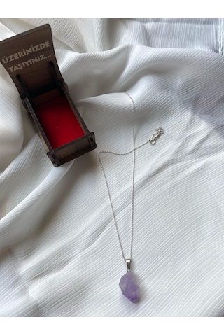 İlknur Doğal Taş Evi Ahşap Kutulu Ametist Gümüş Kolye