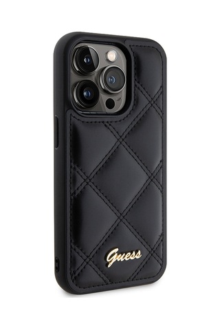 Apple iPhone 14 Pro Max Uyumlu Kılıf Guess Lisanslı Pu Deri Metal Yazı Logolu Kapitone Kapak Siyah