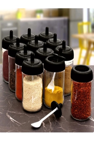 Kendinden Kaşıklı Baharatlik Seti 2'li Cam Kavanoz 300 Ml ŞEffaf
