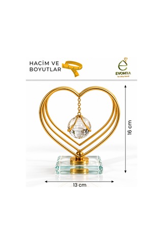 Evonıta Dekoratif Cam Küreli Kalp Biblo Altın Renk Kalp Tasarımlı Kristal Tabanlı Masa Üstü Salon Konsol Dekoru