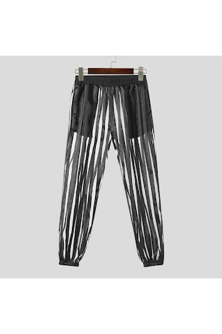 Incerun Erkek Yazlık Fileli Şeffaf Pantolon Yazlık Çizgili Uzun Pantolon Siyah
