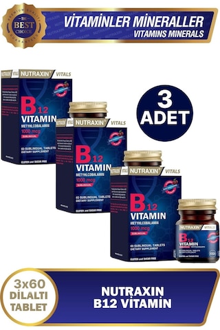 Nutraxin B12 Vitamin 1000 Mcg 60 Dilaltı Tablet 3 Adet