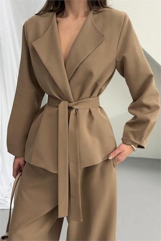 Neşeli Butik Vizon Kahverengi Kuşak Detaylı Oversize Şalvar Pantolon Blazer Ceket Takım Nbnp023