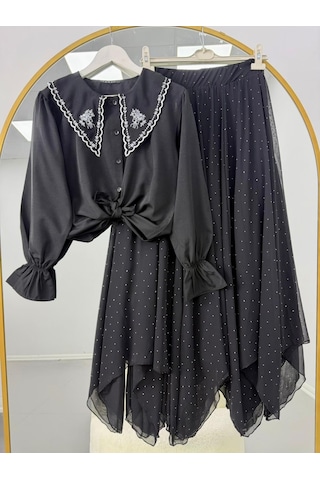 Lovie Moda Kadın Nakışlı Bebe Yaka Taş Detaylı Etekli Takım - Siyah