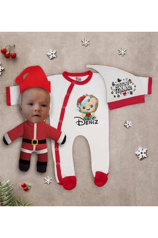 Bk Kids Bk Gift Kişiye Özel Yılbaşı Temalı Tulum Zıbın Kukuletalı Şapka Ve Bebek Yastık Hediye Seti-4 Çok Renkli