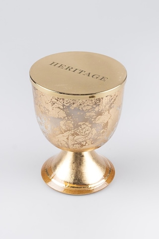 Altın Varak Eskitme Ayaklı Cam Mumluk Kokusuz Mum Yazı Kapaklı Orta 12x15 Cm