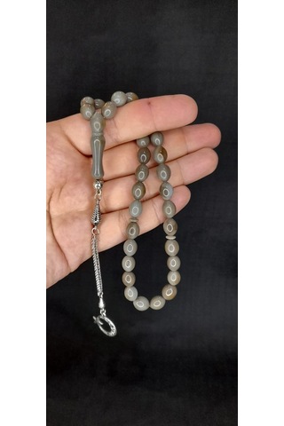 Anemore Collection Sıkma Kehribar Tesbih Gri Renk Beyzi Kesim T-426