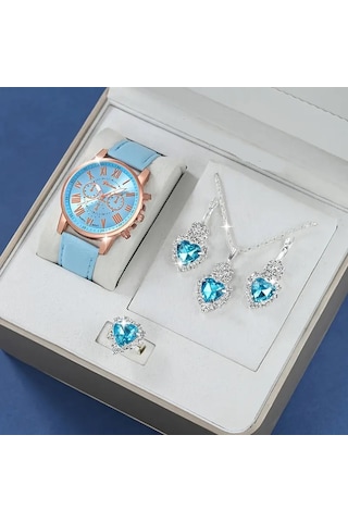 Elegant Yuvarlak Quvars Saat Analog Ve Kolye+küpe+yüzük Takım Açık Mavi