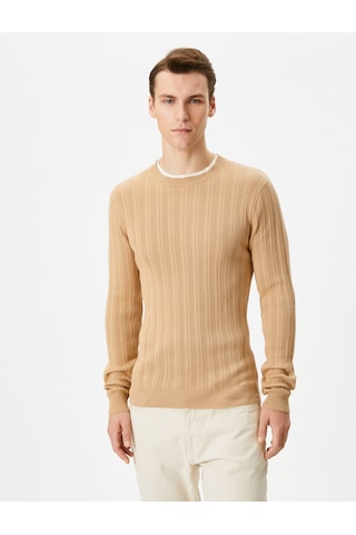 Koton Slim Fit Kazak Triko Dokulu Yaka Detaylı Uzun Kollu Bej 4wam70063ht Ekru