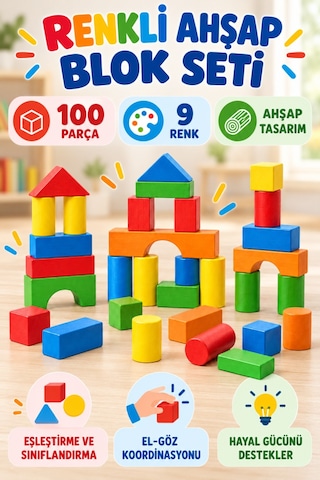 100 Parça Renkli Ahşap Blok Seti 9 Renkli Eğitici Yapı Oyuncağı Farklı Geometrik Şekilli Oyun Seti