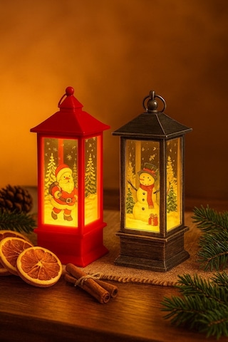 Yeni Yıl Noel Temalı 2 Li Set Işıklı Yılbaşı Feneri Noel Baba Kardan Adam Figürlü Kandili Fener 14cm Çok Renkli