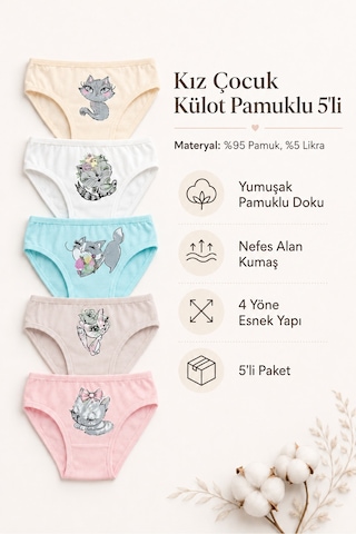 Nicoletta Kız Çocuk Külot 5 Li Paket Pamuklu Likralı Kedi Baskılı Saf Pamuk Çok Renkli