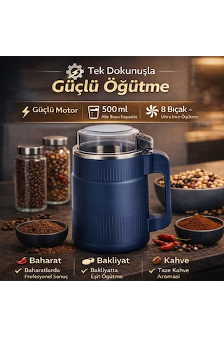 Polham Süper Güçlü Motor 500 Ml Paslanmaz Çelik 8 Bıçaklı Kompakt Baharat, Bakliyat Ve Kahve Öğütücü Mavi