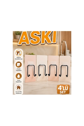 4'lü Yapışkanlı Duvar Askısı Seti Mutfak, Banyo Ve Ev İçin Renkli