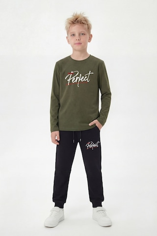 Panios Kids Yuvarlak Yaka Sweatshirt Paça Lastikli Eşofman Alt Baskılı Uzun Kollu Erkek Çocuk Alt Üst Takım Haki
