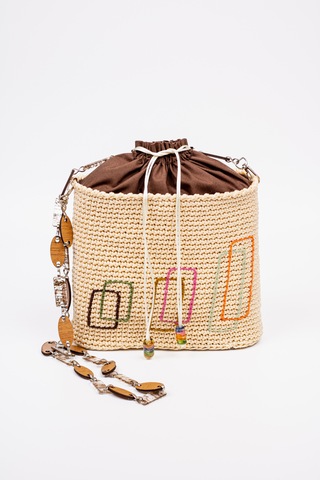 Fabric Craft Bag Örgü Omuz Çantası Metal Zincir Askılı Astarlı Boho Bej - Sütlü Kahve