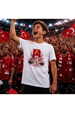 Bk Gift Kişiye Özel Türkiye Taraftar Temalı 2026 Dünya Kupası Tasarımlı Çocuk Tişört-3, Tek Yürek Milli Takım Ruhu Beyaz