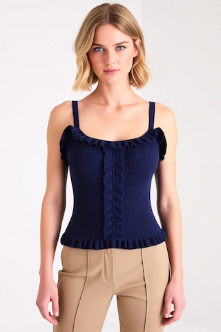 Benerly Kadın Bluz Crop Havuz Yaka Kolsuz Fitted Kesim İnce Triko Düz Des Lacivert