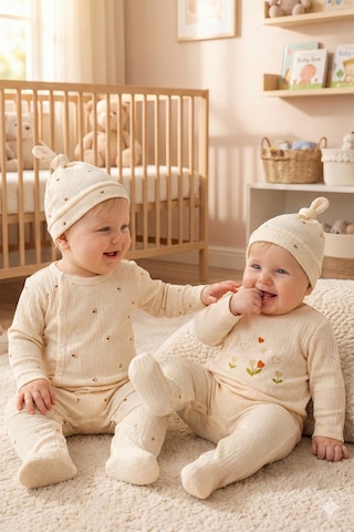Babymod Çiçek Desenli Şapkalı 2'li Pamuklu Kız Bebek Tulum Set Ekru