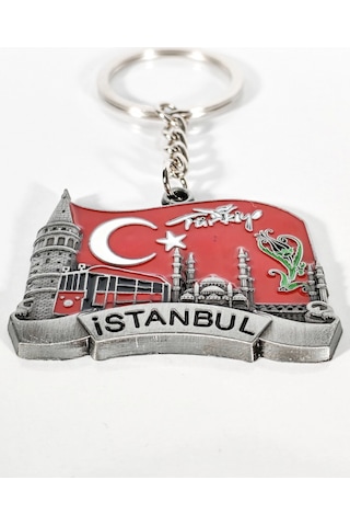 Türk Bayrağı Zeminli İstanbul Silüeti Anahtarlık Eskitme Gümüş Tarihi Ve Milli Şık Çanta & Anahtar Çok Renkli