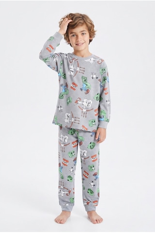 Bunny Hopp Erkek Çocuk Uzun Kollu Pijama Takımı %100 Pamuk Piksel Blok Desenli Penye Gri