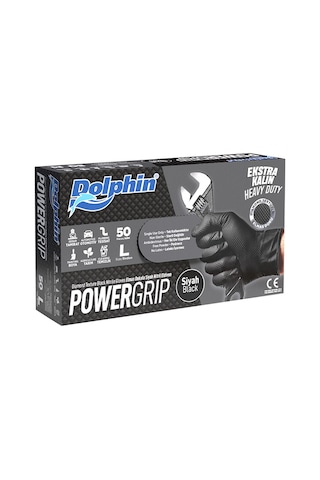 Dolphin Nitril Powergrip Ekstra Kalın Elmas Dokulu Eldiven Siyah Large Büyük Boy - 50'li 3 Paket