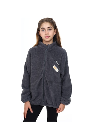 Toontoy Kız Çocuk Nakışlı Peluş Hırka Füme