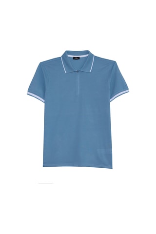 Erkek Slim Fit Dar Kesim %100 Pamuk Jakarlı Düz Yaka Ve Kol Detaylı Mavi Polo Yaka Tişört-50215 Mavi