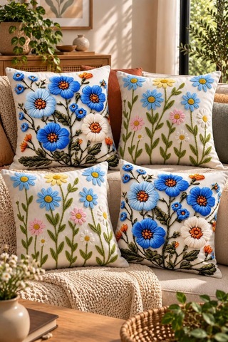 4'lü Set Çiçekli Dekoratif Kırlent Kılıfı 43x43 Cm, 3d Efektli Dijital Baskı - Mavi Çiçek Bahçesi Çok Renkli