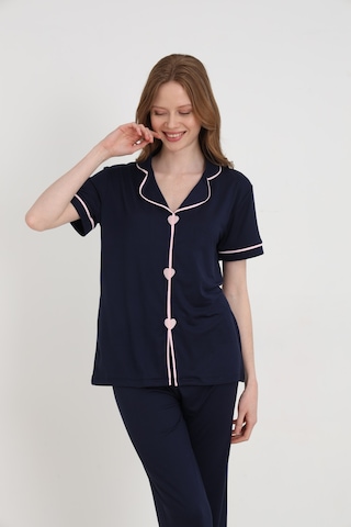 Bamboo Örme Kalp Nakışlı Kadın Pijama Takımı Lacivert