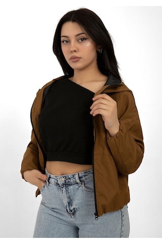 Kadın Taba Kapüşonlu Su Ve Rüzgar Geçirmez Cepli İçi Astarlı Oversize Yağmurluk Taba