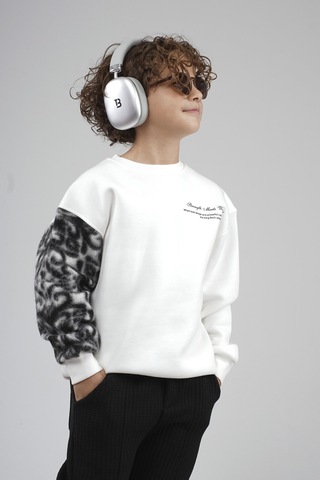 King-Brich Kingbrich Kids Bisiklet Yaka Kolu Garnili Baskılı Çocuk Sweatshirt Ekru