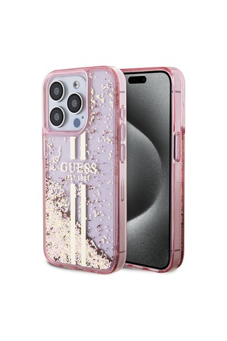 Apple Uyumlu iPhone 15 Pro Kılıf Guess Lisanslı Transparan Sıvılı Simli Altın Çizgili Kapak Pembe