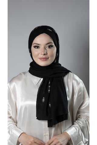 Siyah Pratik Hazır Geçmeli Tesettür Şal Örme Kumaş Taşlı Çiçek Desenli 2118c 01