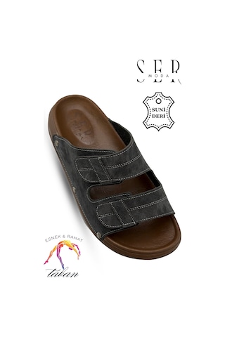 Sermoda Erkek Terlik - Çift Toka Ayarlanabilir Esnek Taban Deri Erkek Terlik C Füme
