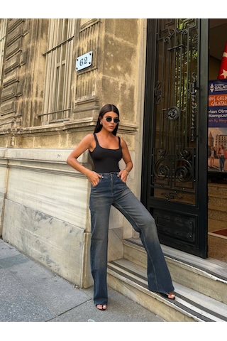 Zdn Jeans Yüksek Bel Wide Leg Jean Pantolon Tintli Eskitmeli Mavi