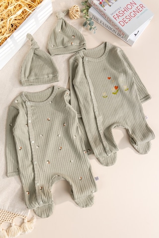 Babymod Çiçek Desenli Şapkalı 2'li Pamuklu Kız Bebek Tulum Set Yeşil
