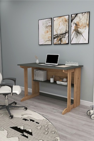 Enda Home Pillar Kütüphaneli Geniş Çalışma Masası 100x56 Cm Çam - Antrasit Çam - Gri