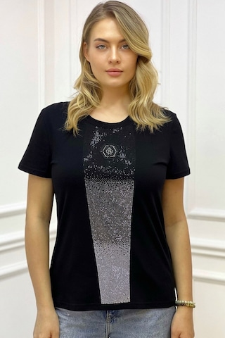 Rich Glam Bisiklet Yaka Crystal Taşlı Büyük Beden Plus Size Pamuk Şık Rahat Siyah Kadın T-shirt Siyah