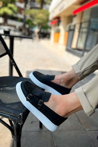 Roof Atelier Erkek Siyah Beyaz Kemer Tokalı Loafer Ayakkabı - 417 - Cbt Mancini Siyah