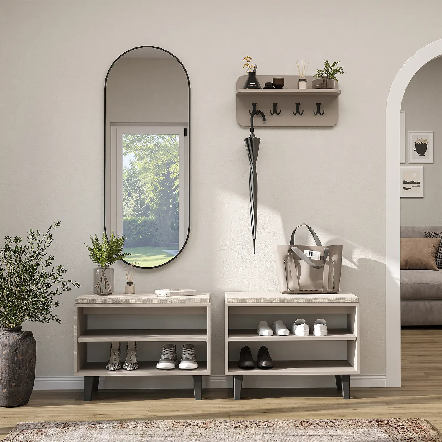Nord Vestiyer Takımı Askılıklı, Modüler, Bench, Oval Aynalı Portmanto Takımı Kumtaşı