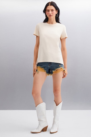 Grımelange Samantha Kadın %100 Organik Pamuklu Comfort Fit Arkası Uzun Basic Örme Bej T-shirt Bej