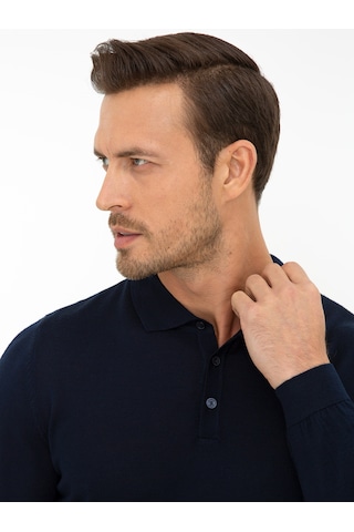 Cacharel Lacivert Slim Fit Polo Yaka Basic Triko Kazak