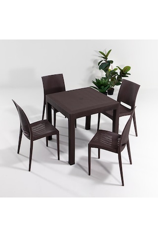 Rattan 80x80 Camsız Kahve Masa / 4 Adet Rattan Kolsuz Sandalye Takımı Kahve