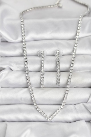 Zarif Kadın İçin Silver Metal Zirkonlu Kolye Küpe Seti Gri