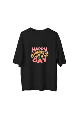 Paybuy Kadın Oversize Anne Günü Baskılı Kısa Kollu Tişört %100 Pamuk Rah Siyah